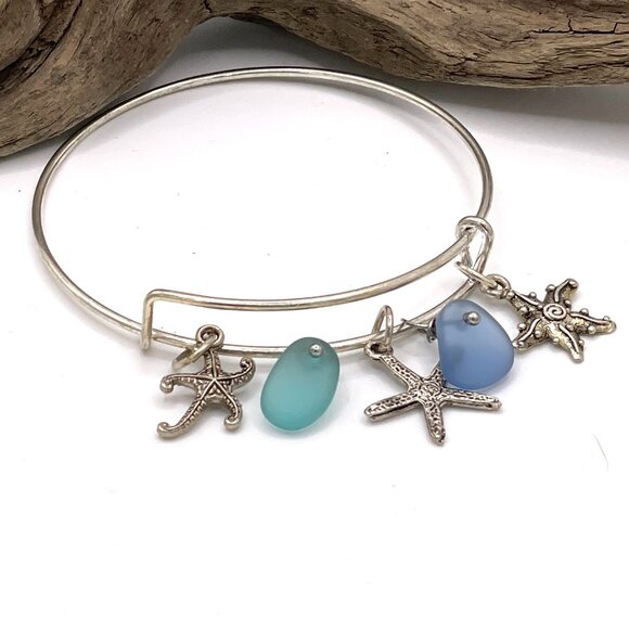 Adjustable Sea Glass and Starfish Silver Bracelet - Picture 4 of 5